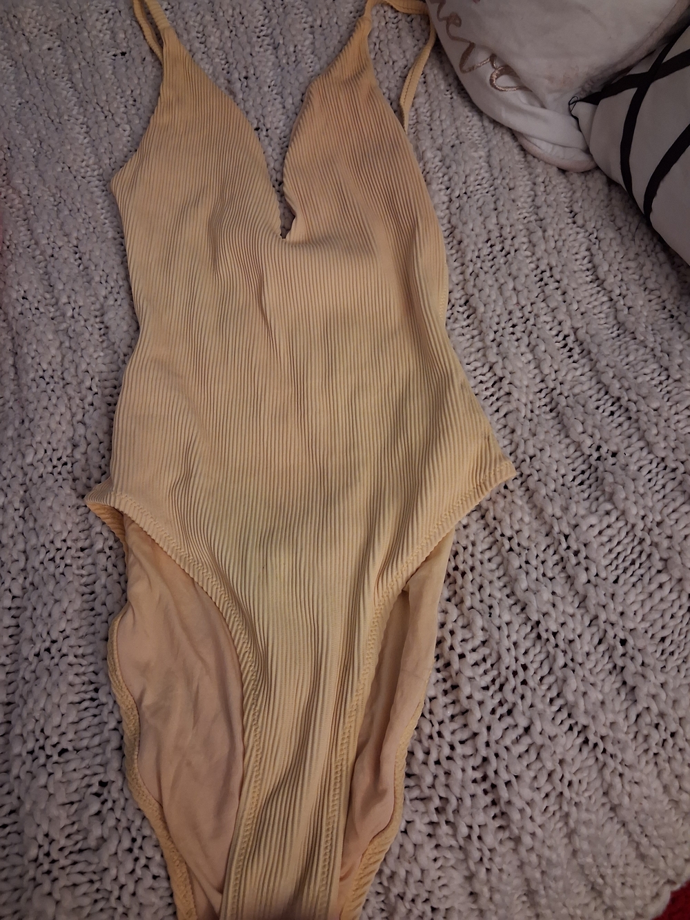 Topshop Pale Yellow Ribbed V-Neck One-Piece Swimsuit